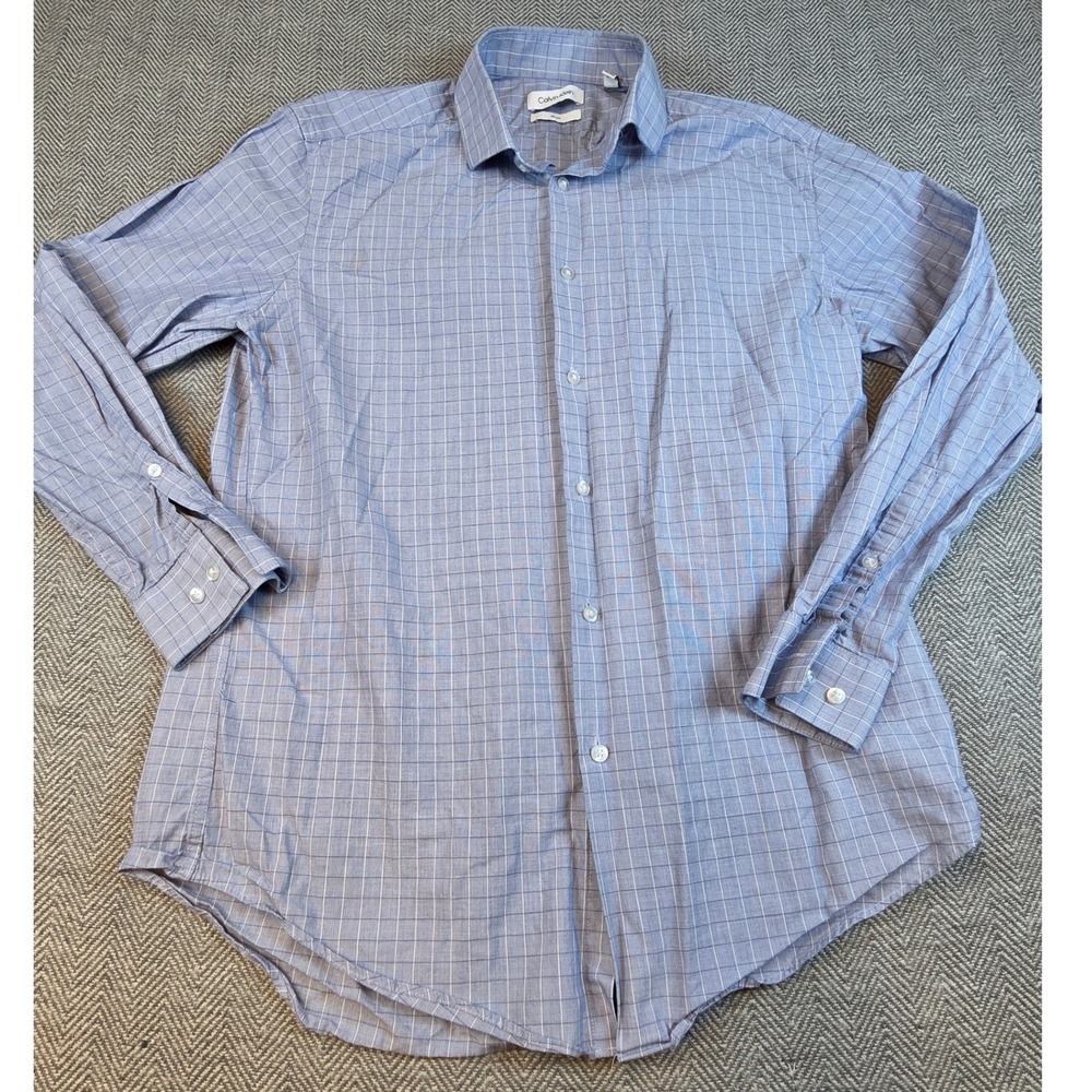 Calvin Klein Mens Slim Fit Dress Shirt Blue White Grid 16 32/33 Large LS